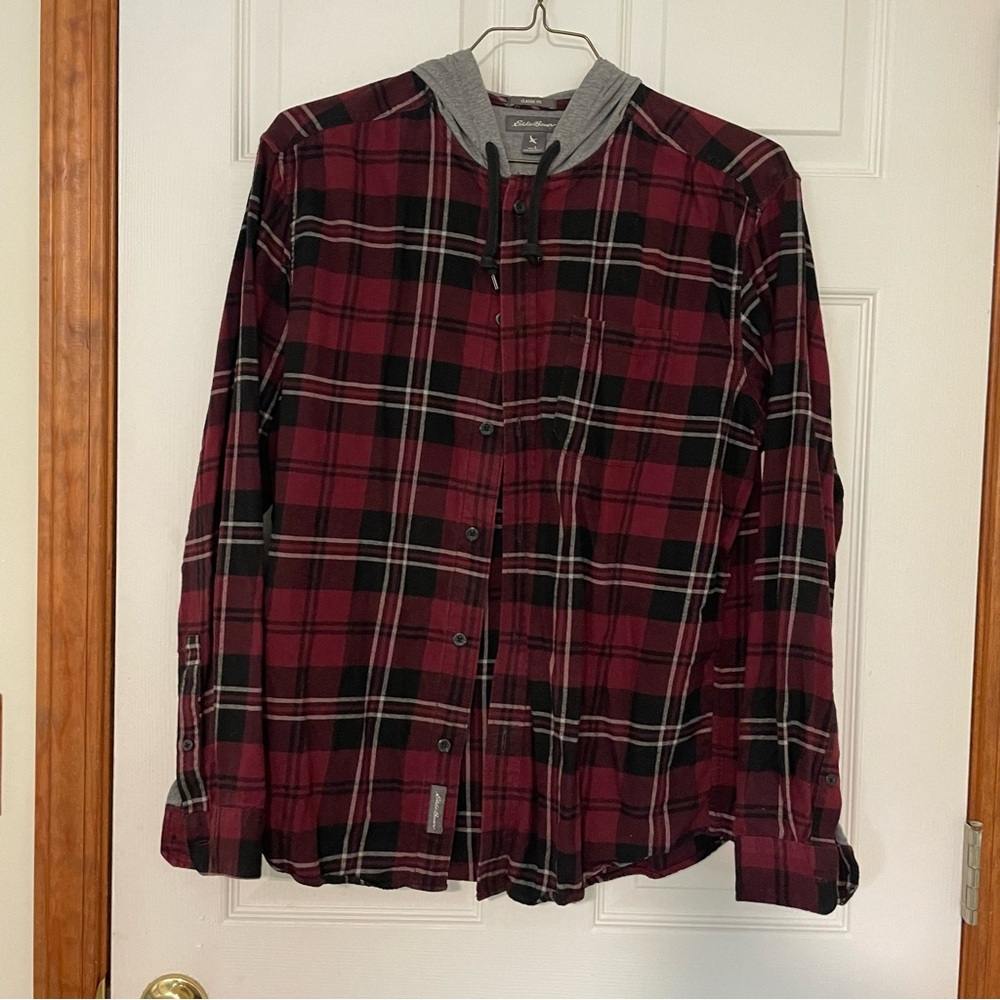 Eddie Bauer Men's Red and Black Plaid Shirt Jacket